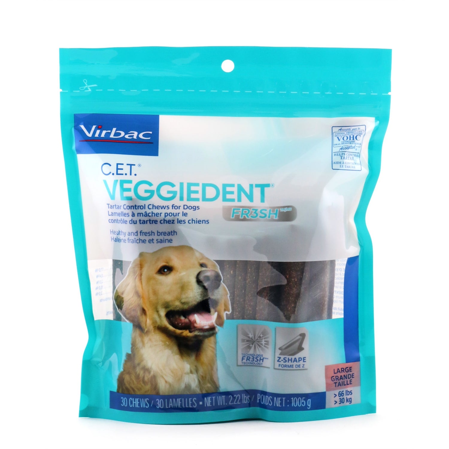 CET VeggieDent FR3SH Large Dog Dental Chews - 30 Count Tartar Control