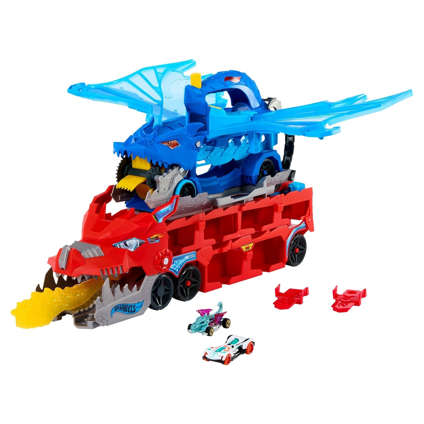 Hot Wheels Ultimate Dual Dragon Transporter Playset: Car-Eating Hauler, Track, Storage