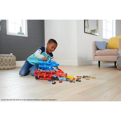 Hot Wheels Ultimate Dual Dragon Transporter Playset: Car-Eating Hauler, Track, Storage