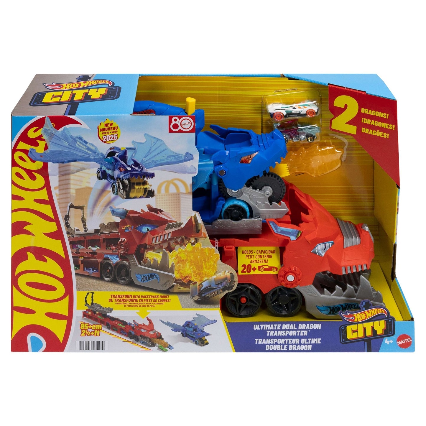 Hot Wheels Ultimate Dual Dragon Transporter Playset: Car-Eating Hauler, Track, Storage