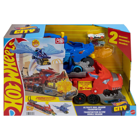 Hot Wheels Ultimate Dual Dragon Transporter Playset: Car-Eating Hauler, Track, Storage