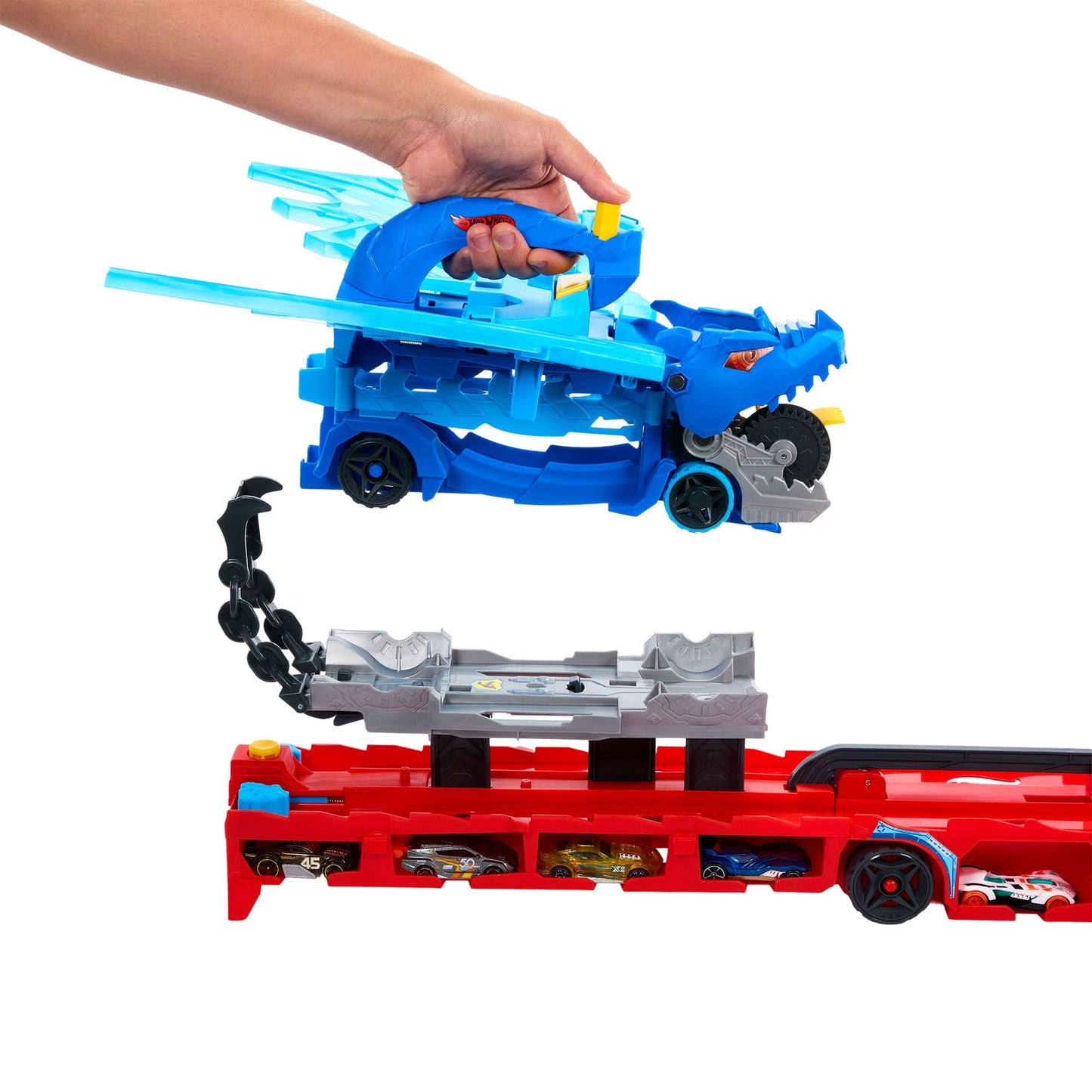 Hot Wheels Ultimate Dual Dragon Transporter Playset: Car-Eating Hauler, Track, Storage