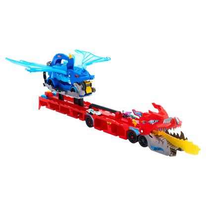 Hot Wheels Ultimate Dual Dragon Transporter Playset: Car-Eating Hauler, Track, Storage